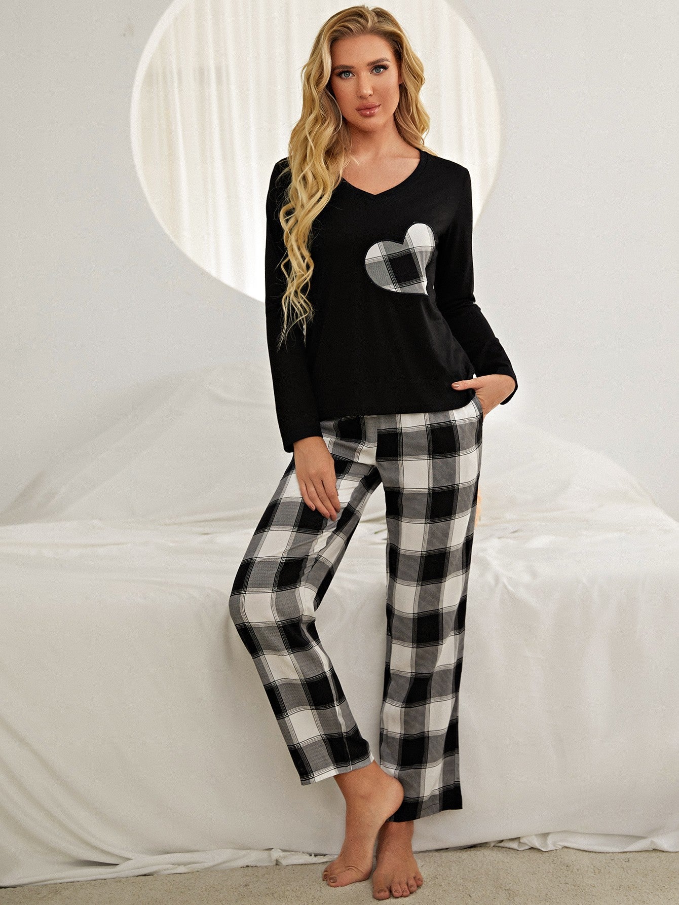 Plaid Heart Top and Pants Lounge Set BLUE ZONE PLANET