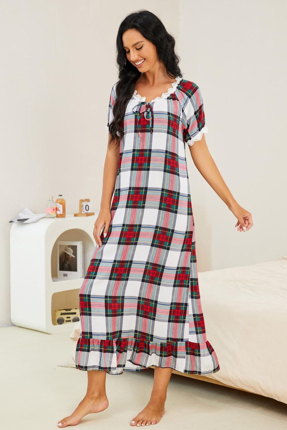 Plaid Lace Trim Ruffle Hem Night Dress BLUE ZONE PLANET