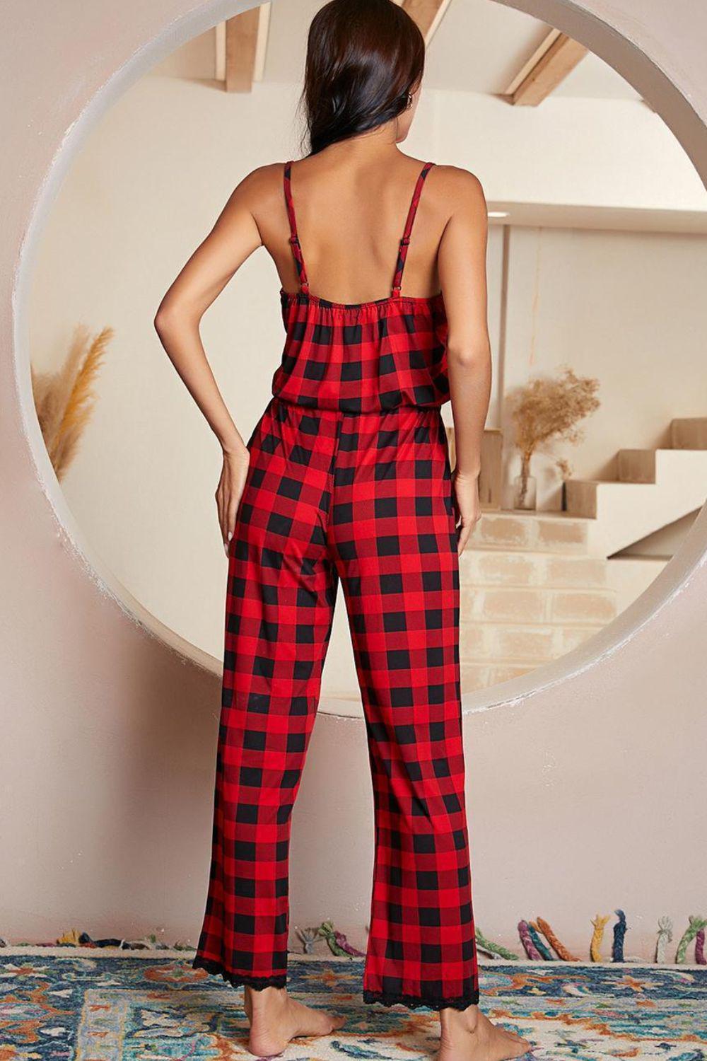 Plaid Lace Trim Spaghetti Strap Jumpsuit BLUE ZONE PLANET