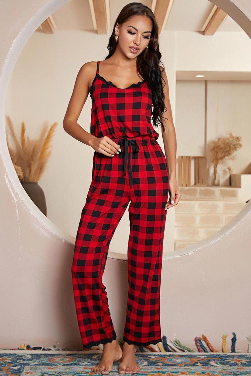 Plaid Lace Trim Spaghetti Strap Jumpsuit BLUE ZONE PLANET