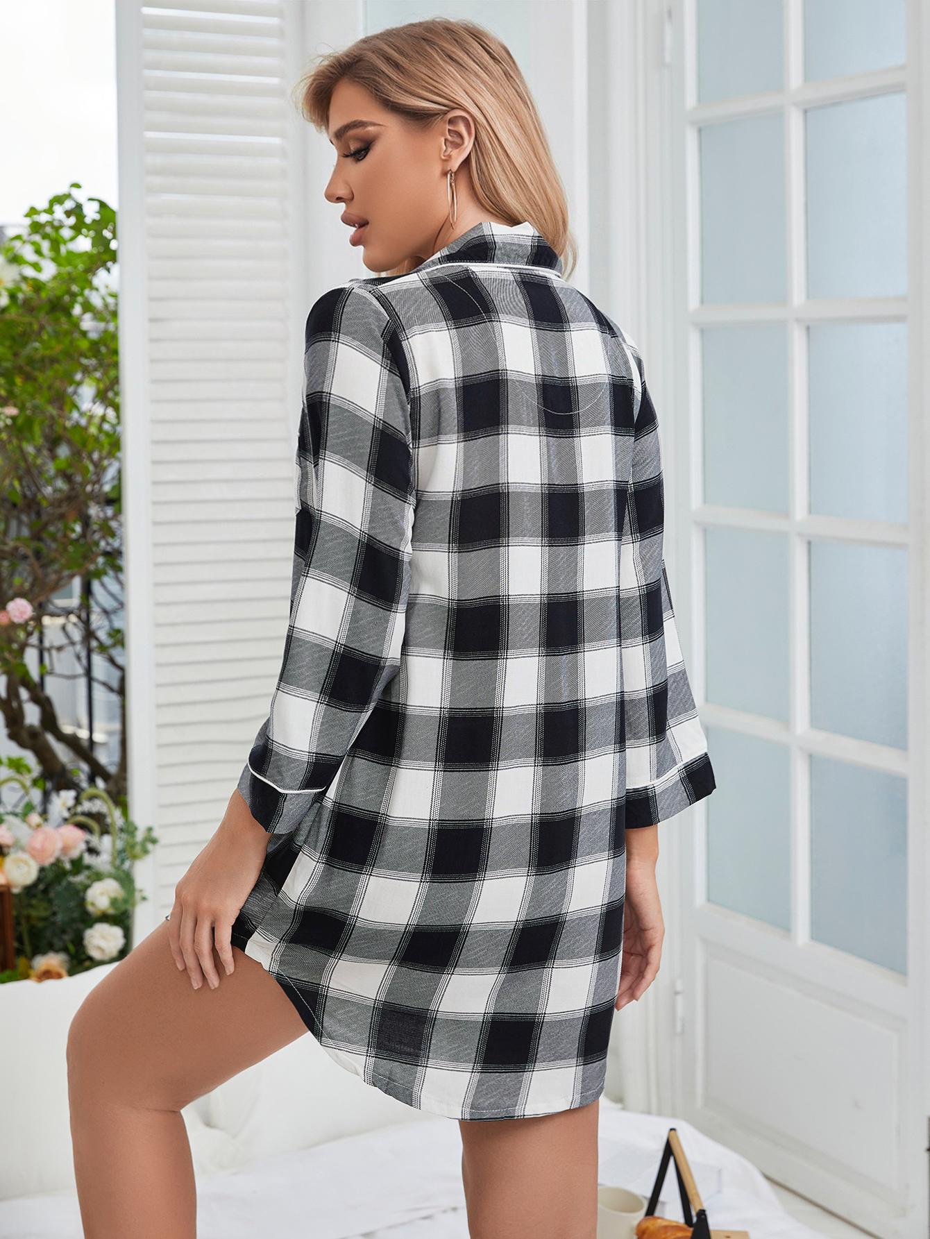 Plaid Lapel Collar Shirt Dress BLUE ZONE PLANET