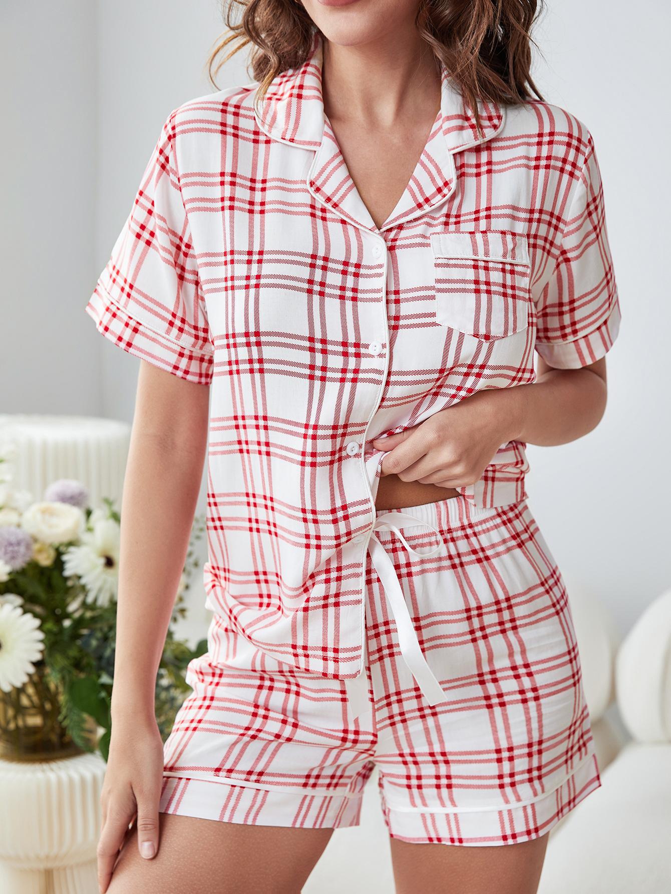 Plaid Lapel Collar Shirt and Shorts Lounge Set-TOPS / DRESSES-[Adult]-[Female]-Red-S-2022 Online Blue Zone Planet