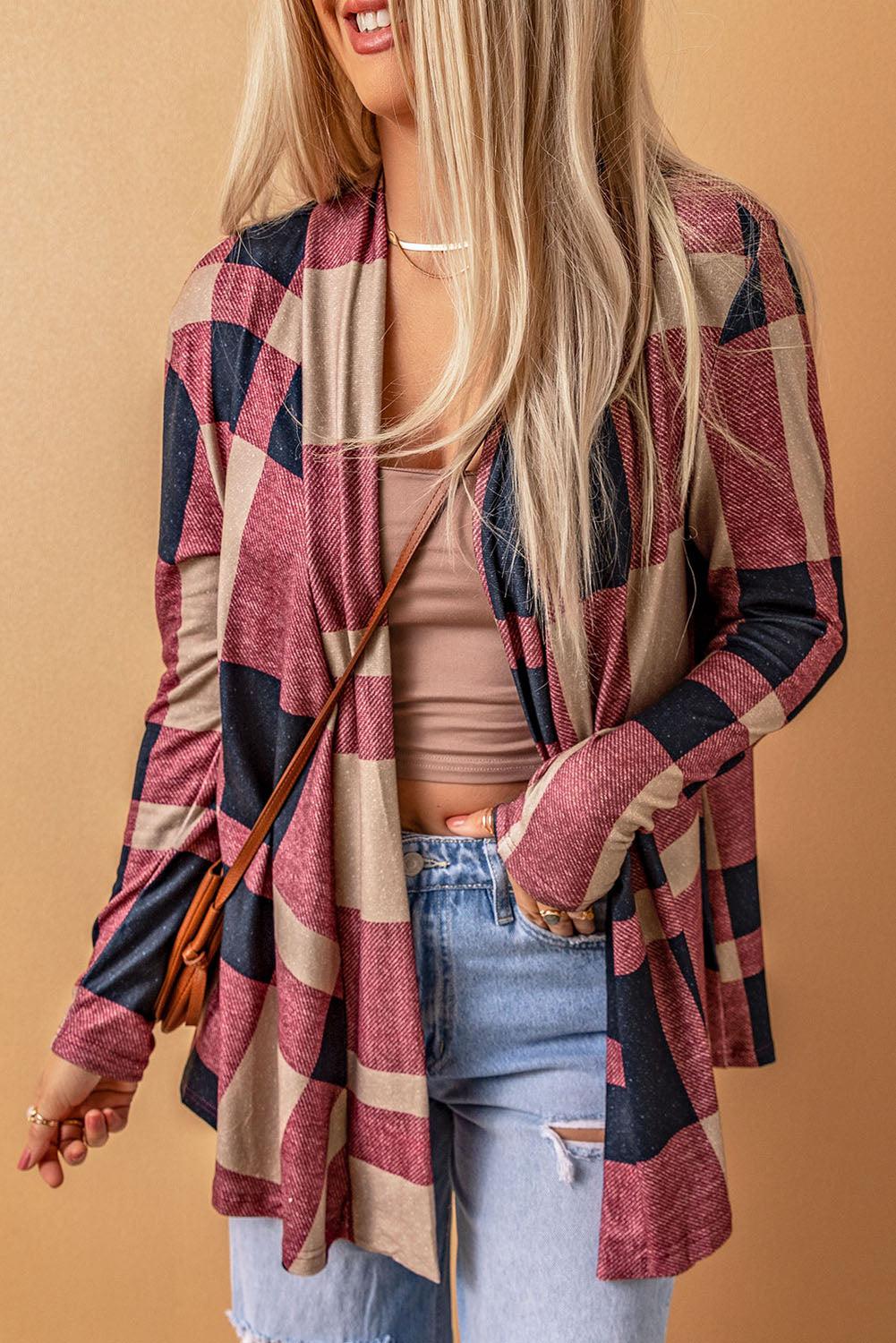 Plaid Open Front Cardigan BLUE ZONE PLANET