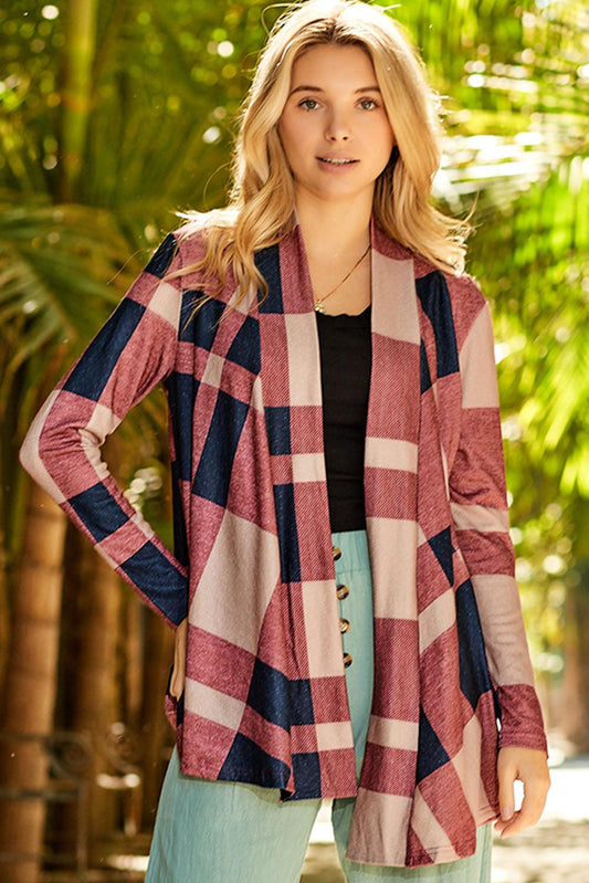 Plaid Open Front Cardigan BLUE ZONE PLANET