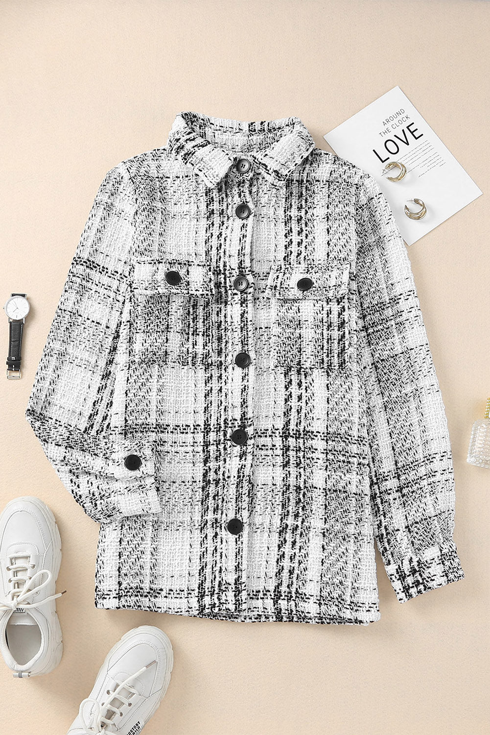 Plaid Pocketed Long Sleeve Shirt Jacket-TOPS / DRESSES-[Adult]-[Female]-Gray-S-2022 Online Blue Zone Planet
