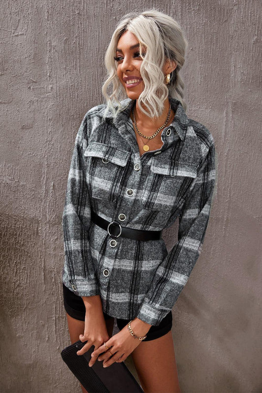 Plaid Raglan Sleeve Shirt Jacket with Breast Pockets-TOPS / DRESSES-[Adult]-[Female]-Gray-S-2022 Online Blue Zone Planet
