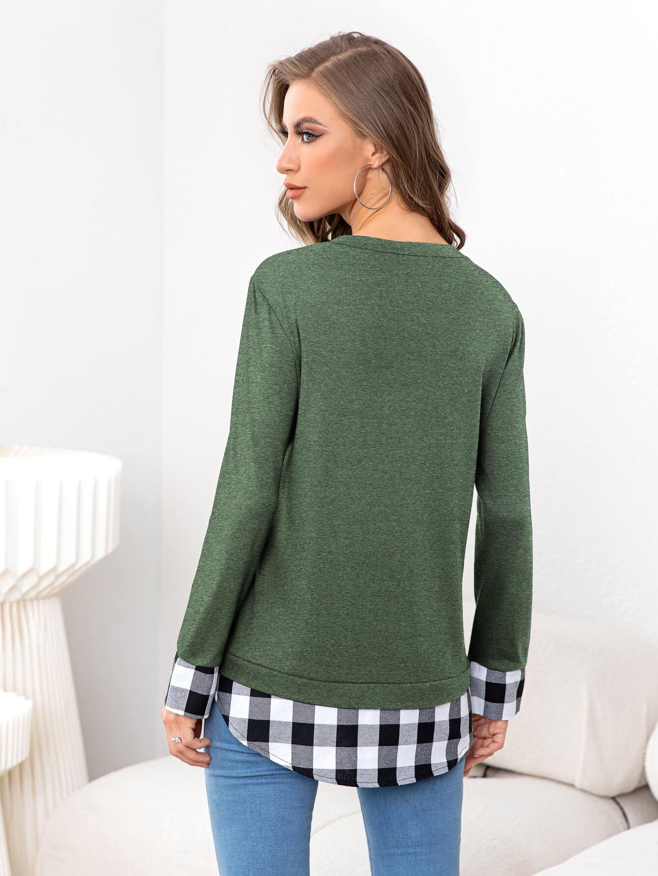 Plaid Round Neck Long Sleeve Tee BLUE ZONE PLANET