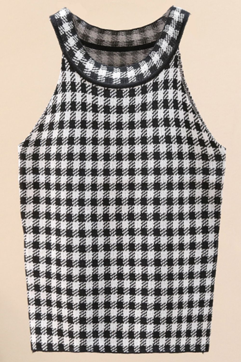 Plaid Round Neck Sleeveless Knit Top BLUE ZONE PLANET