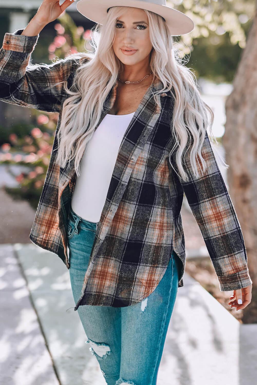 Plaid Side Slit Curved Hem Shirt BLUE ZONE PLANET