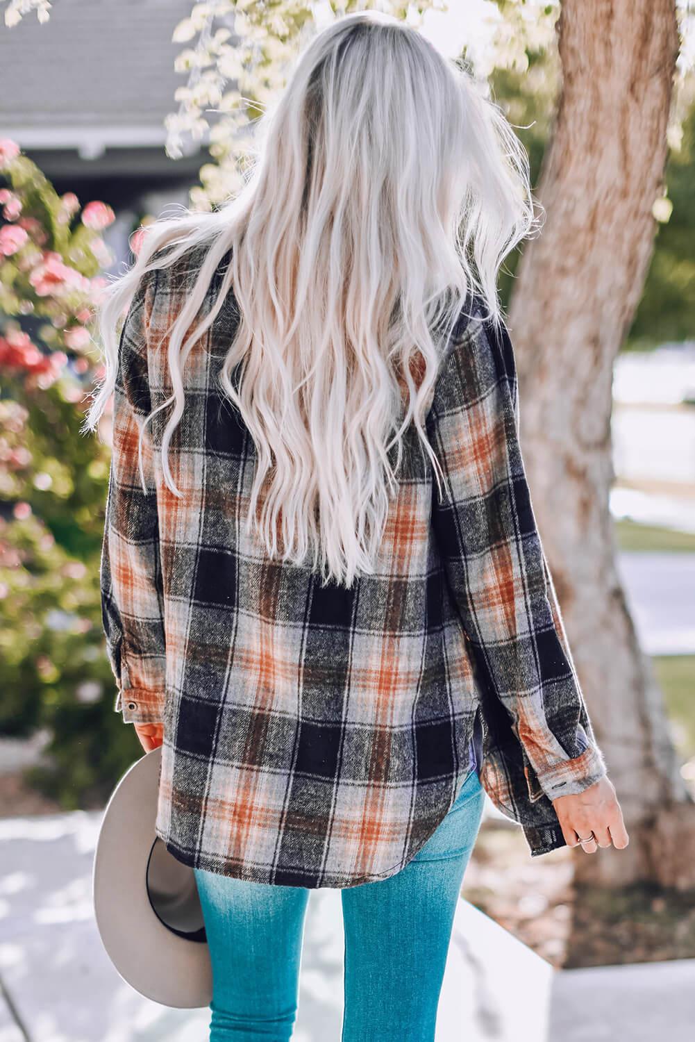 Plaid Side Slit Curved Hem Shirt BLUE ZONE PLANET