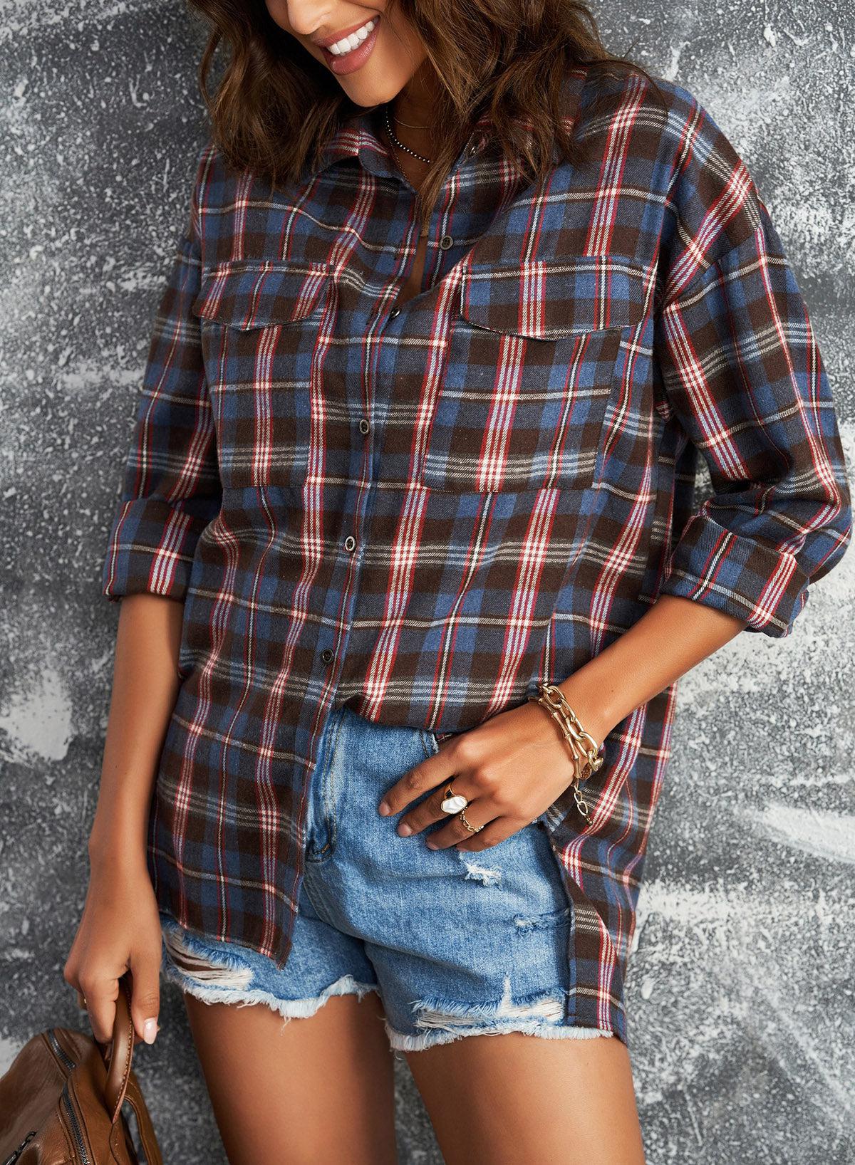 Plaid Slit High-Low Shirt with Pockets-TOPS / DRESSES-[Adult]-[Female]-2022 Online Blue Zone Planet