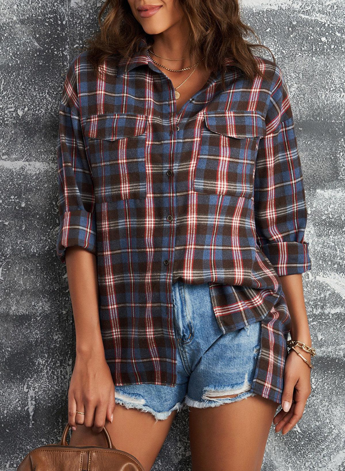 Plaid Slit High-Low Shirt with Pockets-TOPS / DRESSES-[Adult]-[Female]-2022 Online Blue Zone Planet