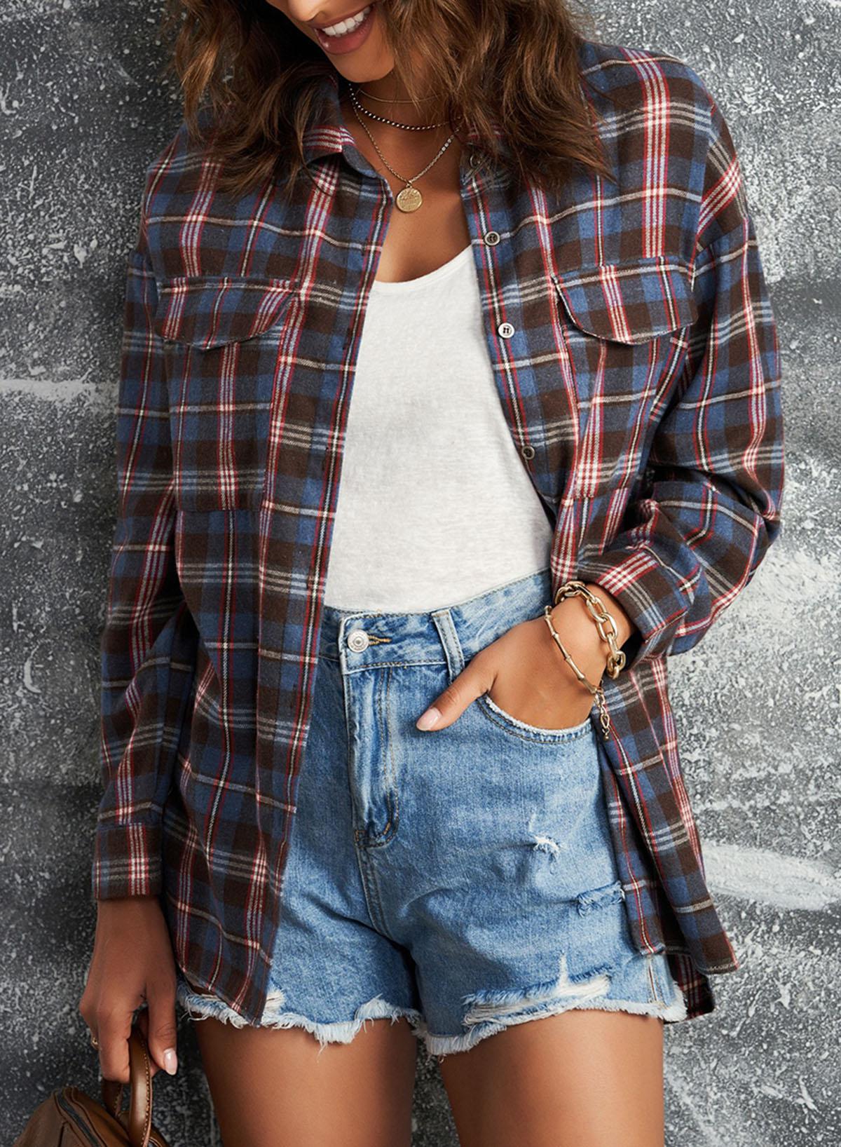 Plaid Slit High-Low Shirt with Pockets-TOPS / DRESSES-[Adult]-[Female]-2022 Online Blue Zone Planet