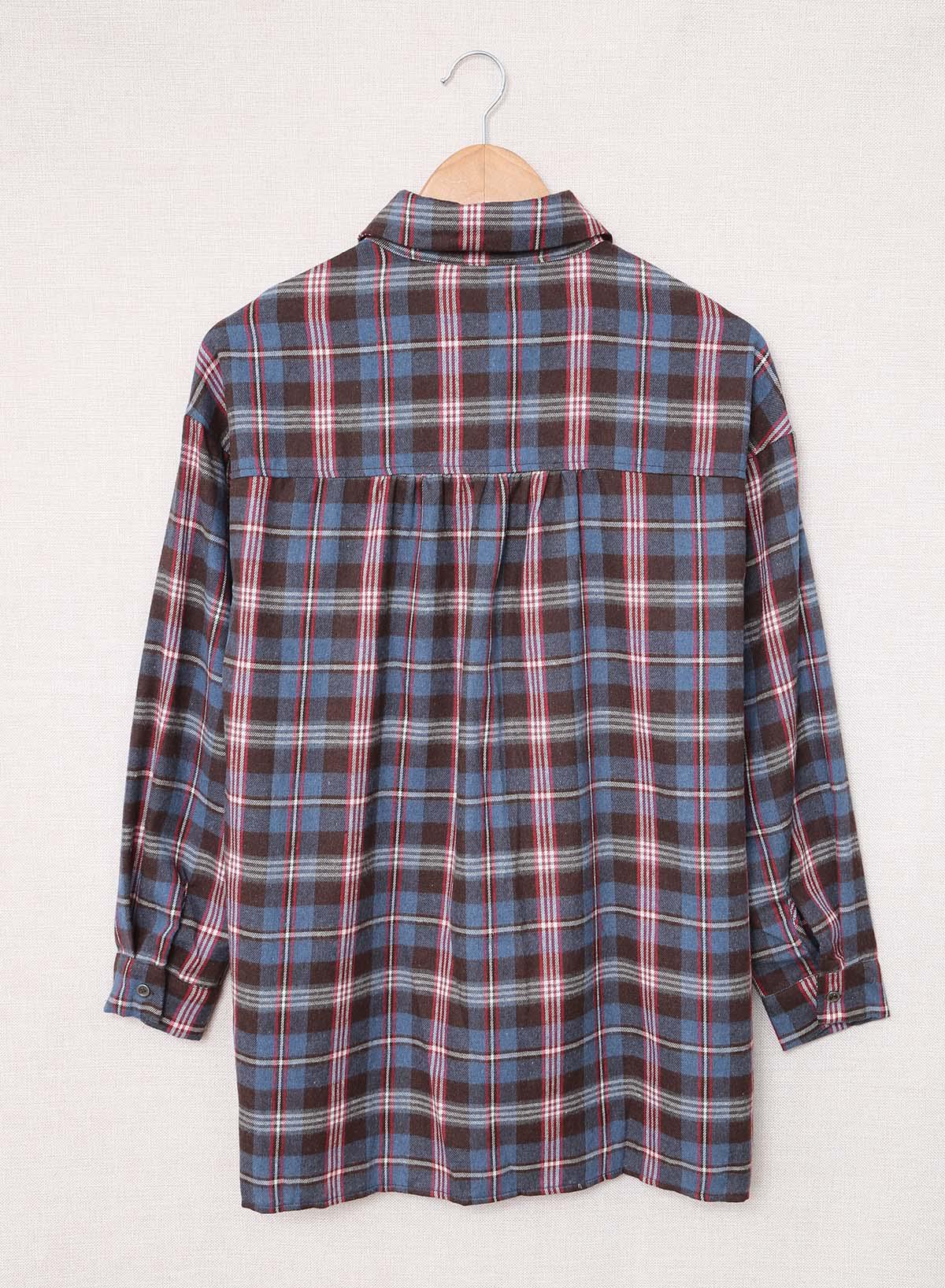 Plaid Slit High-Low Shirt with Pockets-TOPS / DRESSES-[Adult]-[Female]-2022 Online Blue Zone Planet