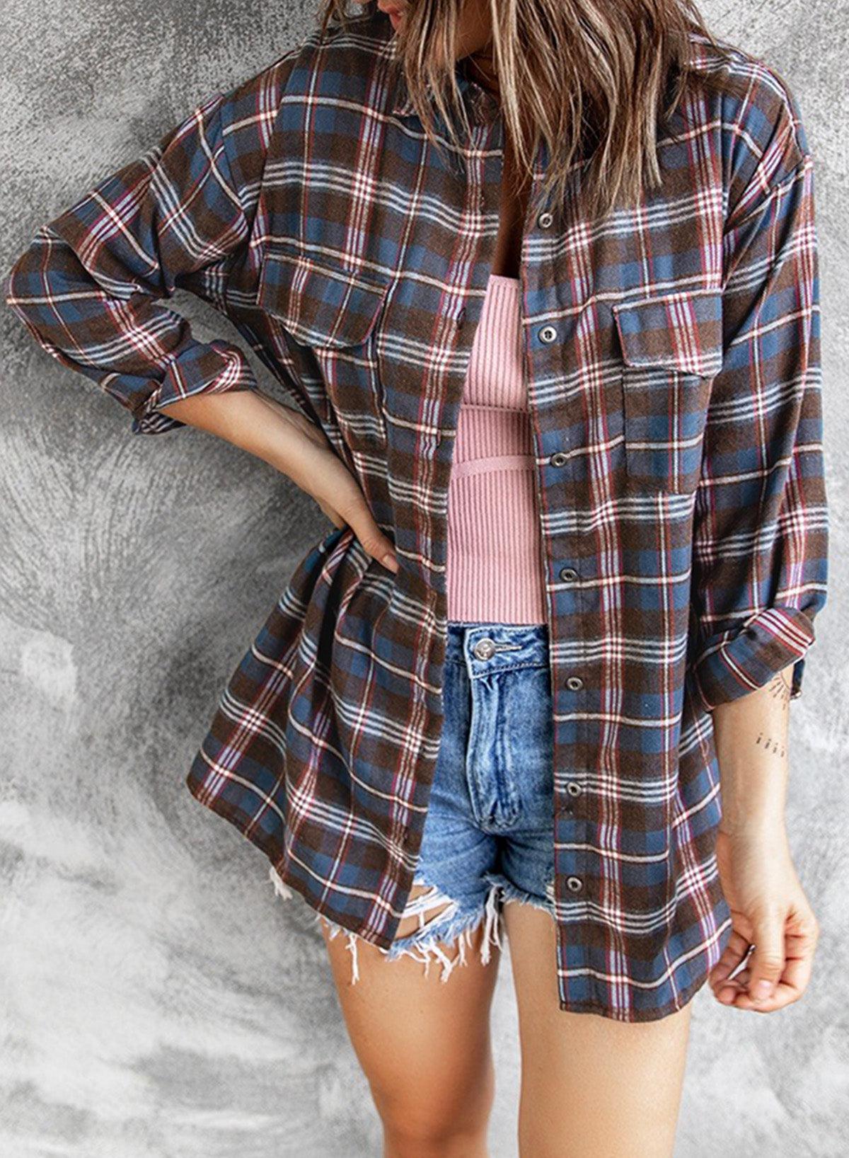 Plaid Slit High-Low Shirt with Pockets-TOPS / DRESSES-[Adult]-[Female]-Brown-S-2022 Online Blue Zone Planet