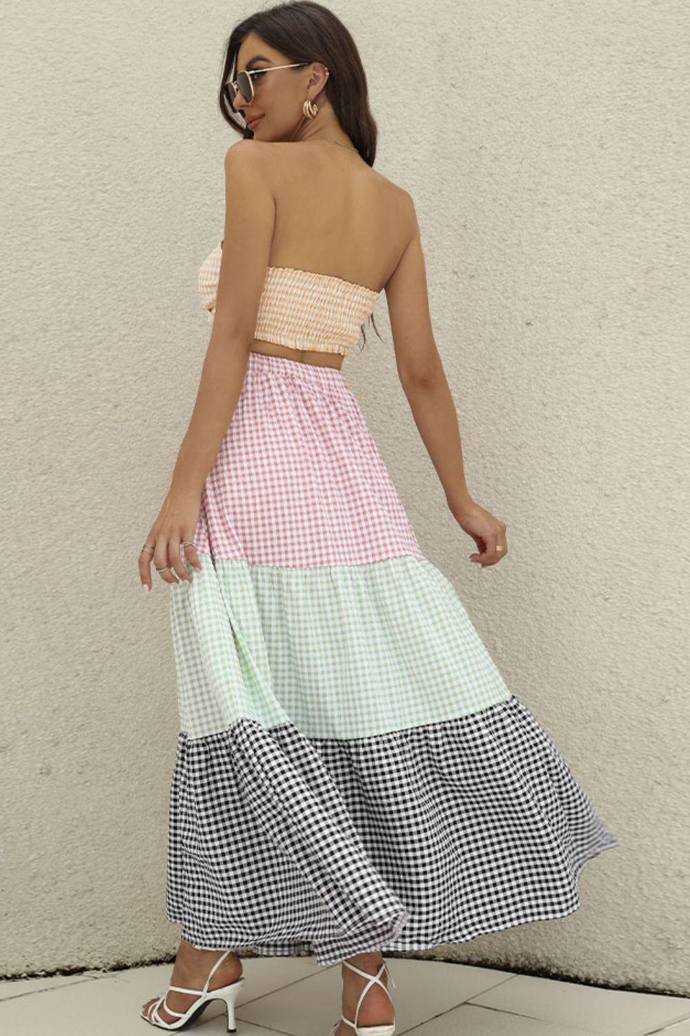 Plaid Strapless Top and Tiered Skirt Set BLUE ZONE PLANET