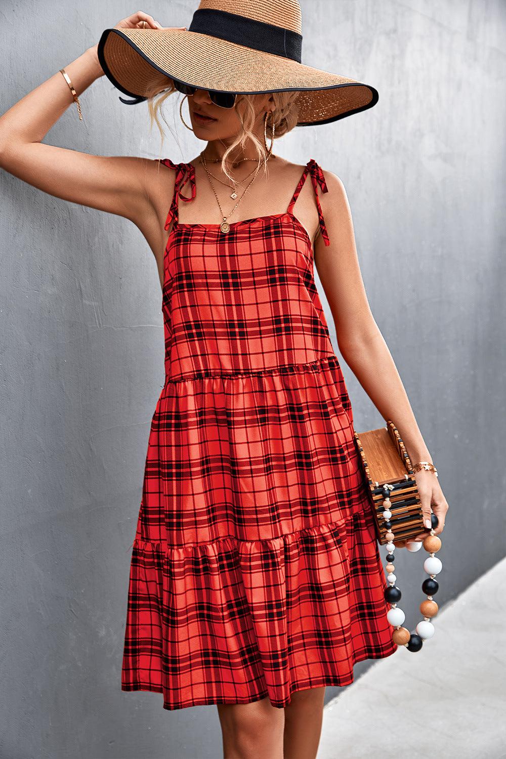 Plaid Tie-Shoulder Tiered Dress-TOPS / DRESSES-[Adult]-[Female]-Blue Zone Planet