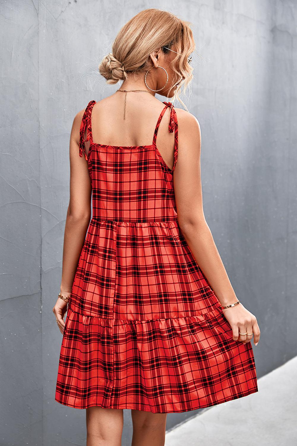 Plaid Tie-Shoulder Tiered Dress-TOPS / DRESSES-[Adult]-[Female]-Blue Zone Planet