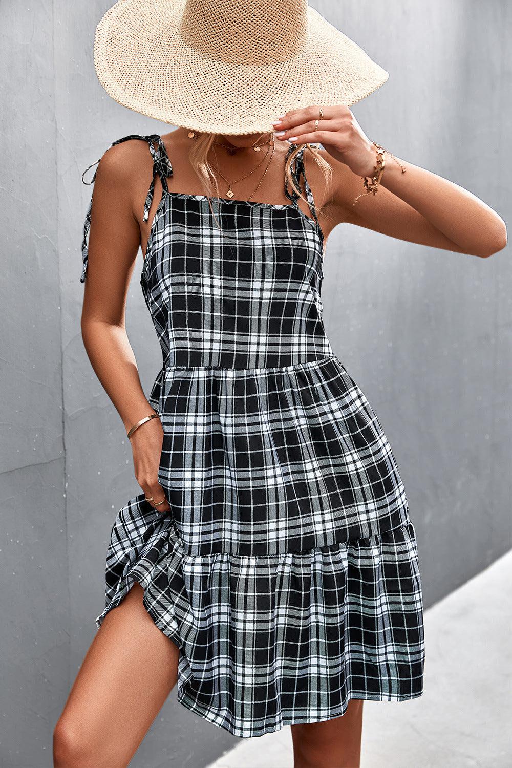 Plaid Tie-Shoulder Tiered Dress-TOPS / DRESSES-[Adult]-[Female]-Blue Zone Planet