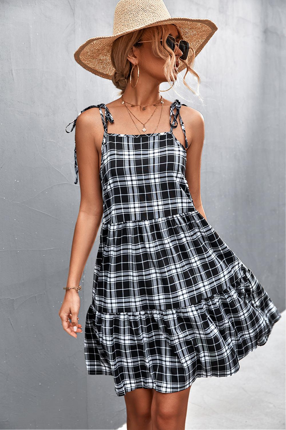 Plaid Tie-Shoulder Tiered Dress-TOPS / DRESSES-[Adult]-[Female]-Blue Zone Planet