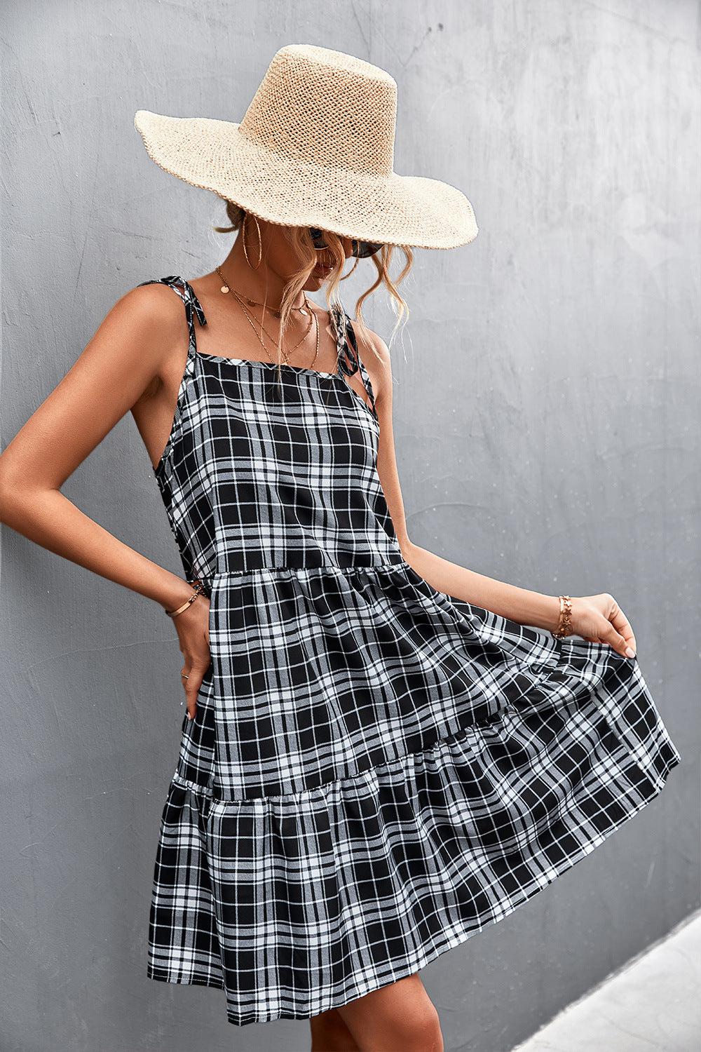 Plaid Tie-Shoulder Tiered Dress-TOPS / DRESSES-[Adult]-[Female]-Blue Zone Planet