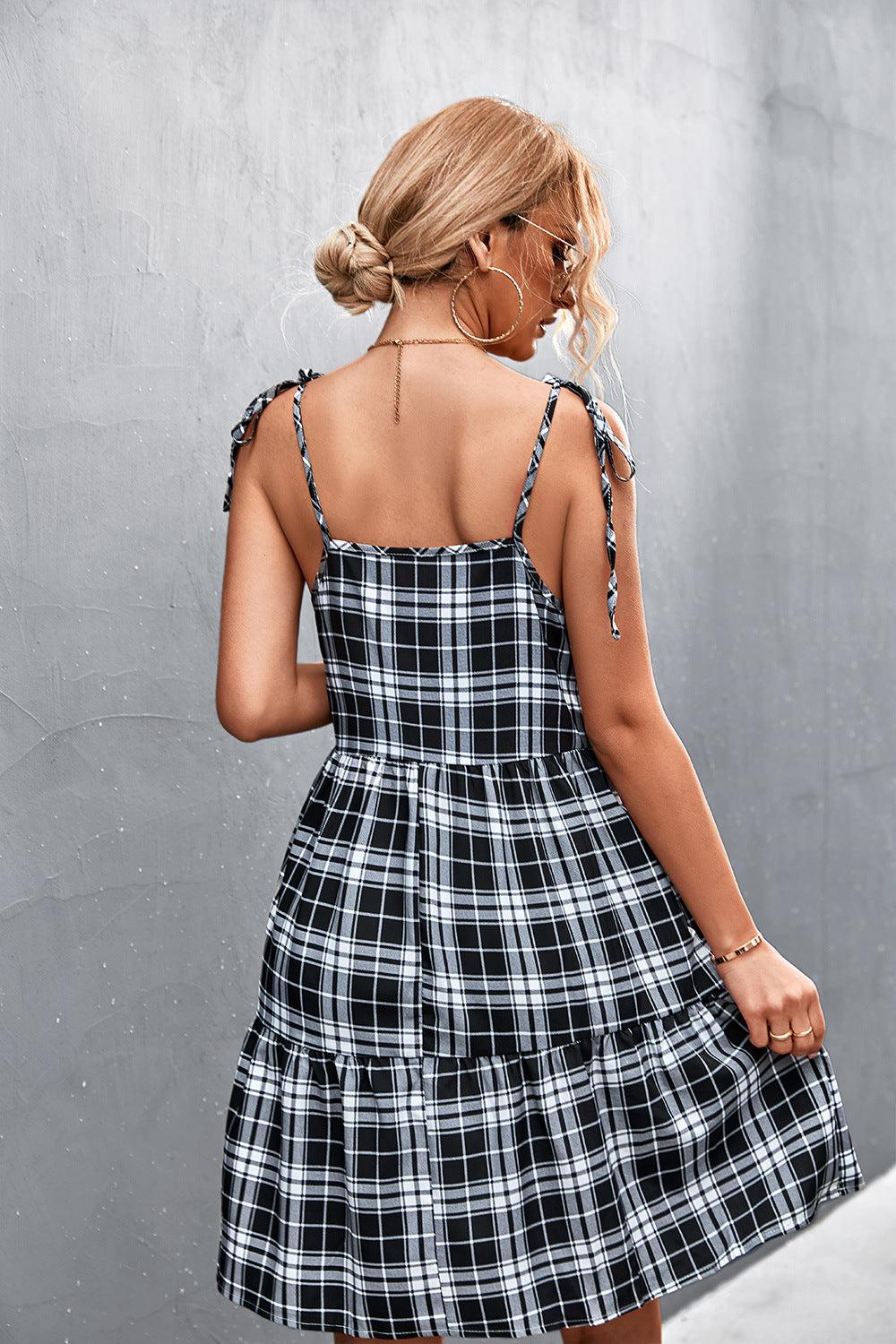 Plaid Tie-Shoulder Tiered Dress-TOPS / DRESSES-[Adult]-[Female]-Blue Zone Planet