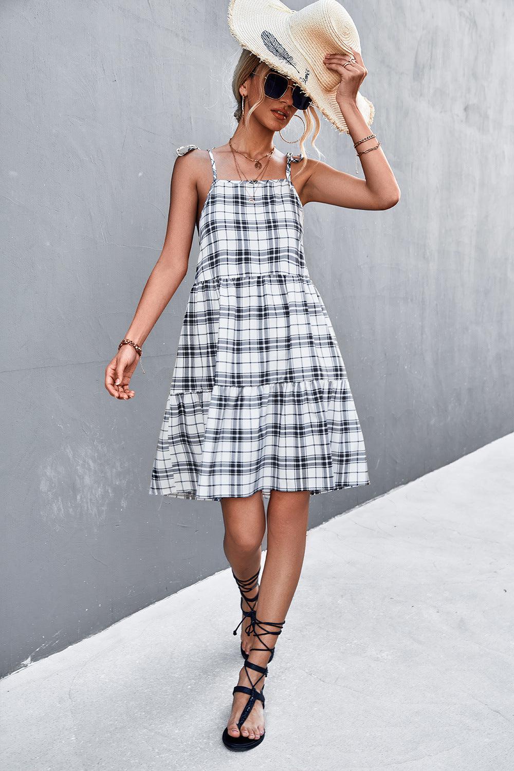 Plaid Tie-Shoulder Tiered Dress-TOPS / DRESSES-[Adult]-[Female]-Blue Zone Planet