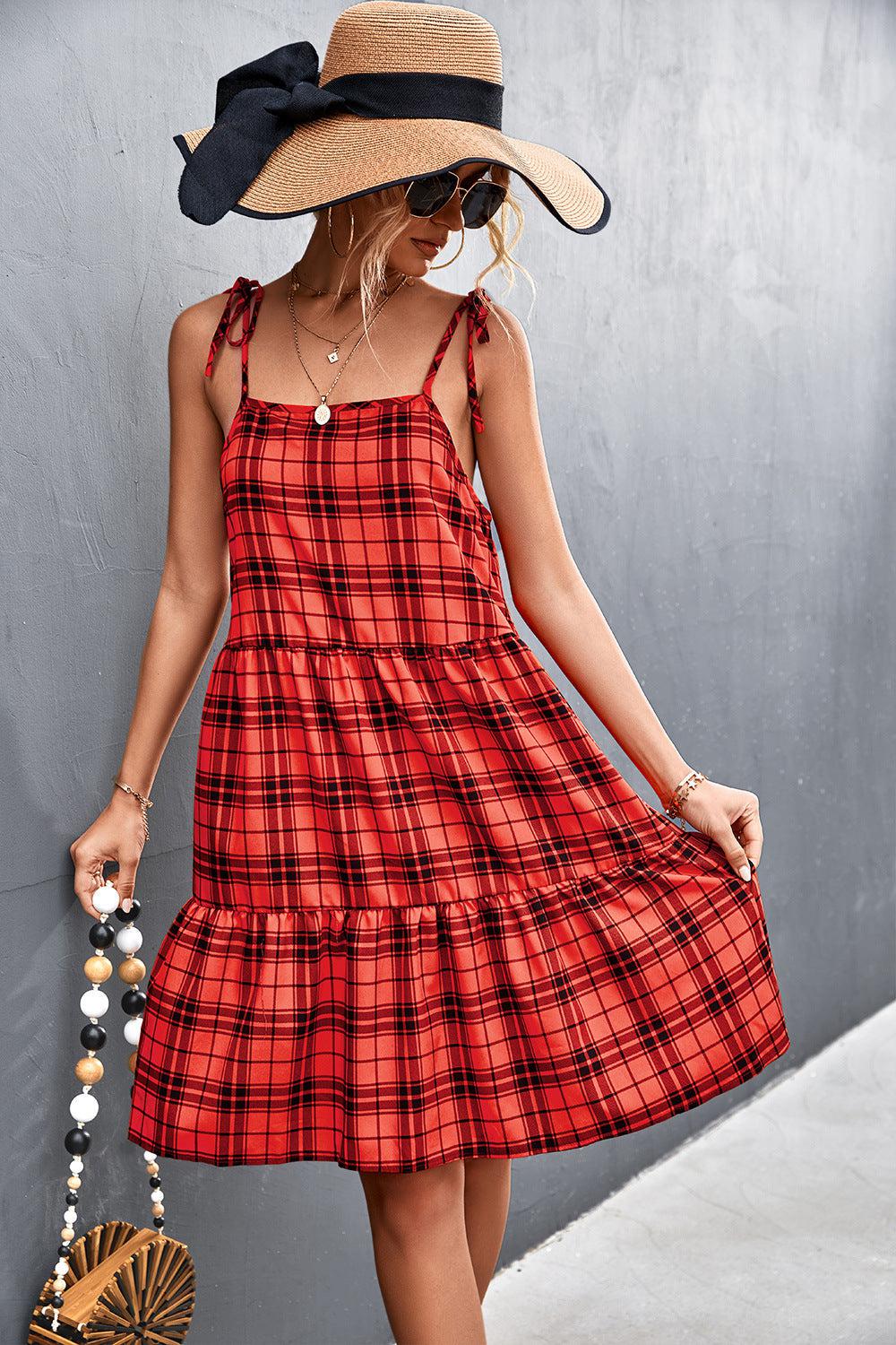 Plaid Tie-Shoulder Tiered Dress-TOPS / DRESSES-[Adult]-[Female]-Blue Zone Planet