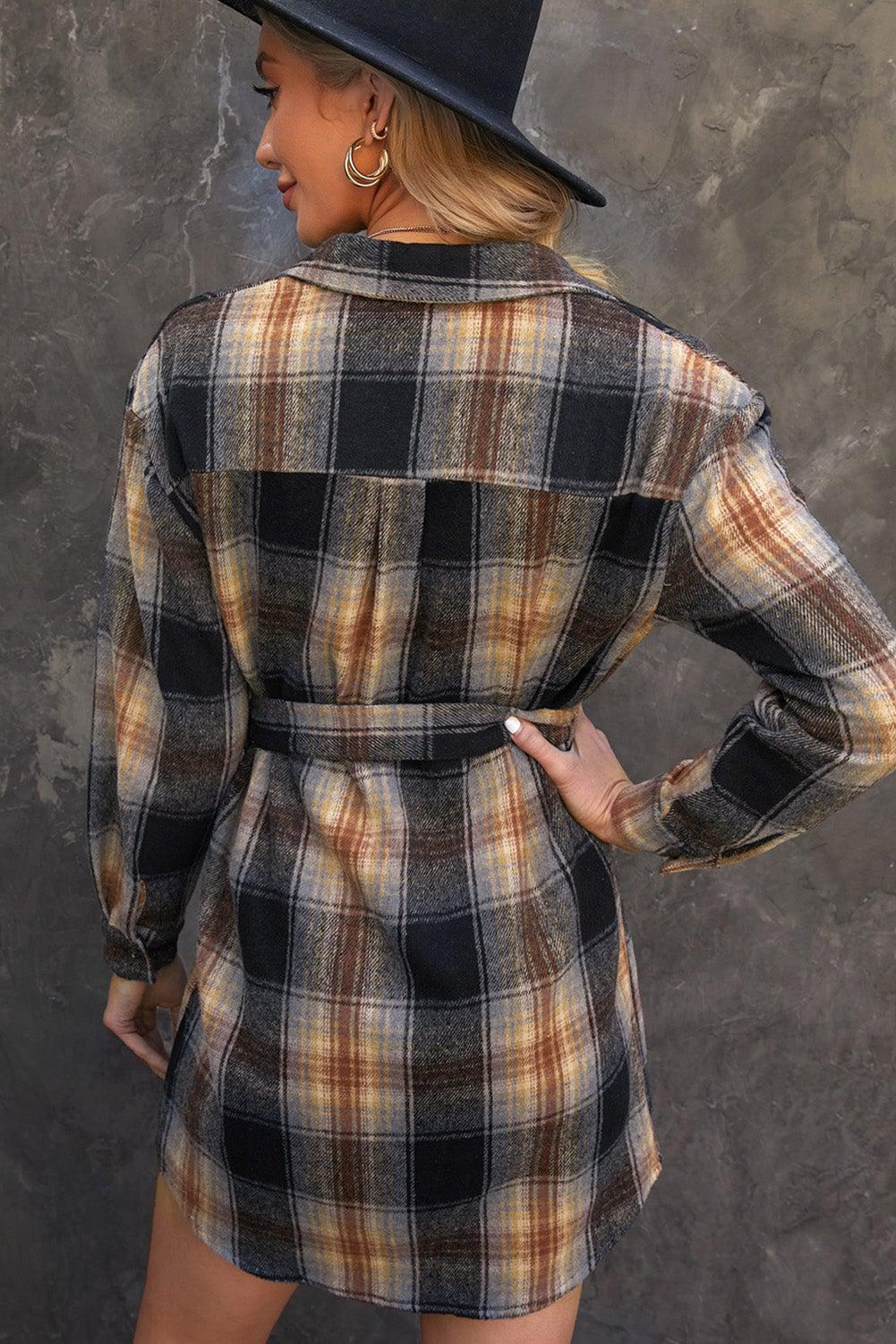 Plaid Tie Waist Button Down Shirt Dress-TOPS / DRESSES-[Adult]-[Female]-Blue Zone Planet