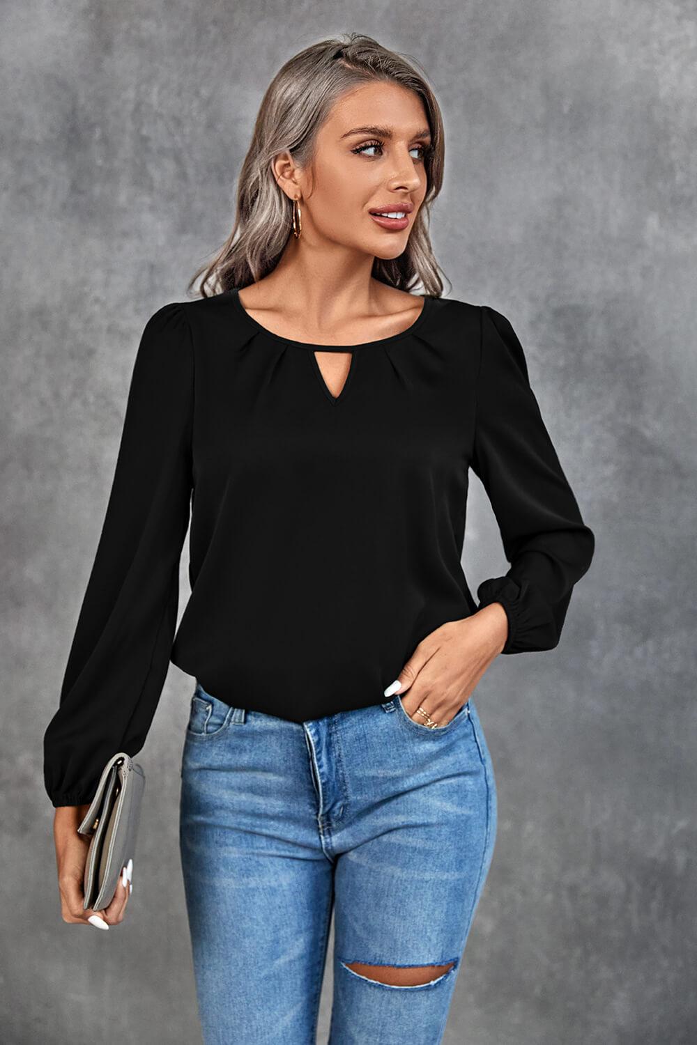 Pleated Detail Cutout Puff Sleeve Blouse-TOPS / DRESSES-[Adult]-[Female]-Black-S-2022 Online Blue Zone Planet