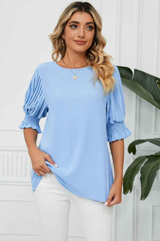 Pleated Flounce Sleeve Keyhole Blouse-TOPS / DRESSES-[Adult]-[Female]-Blue-S-2022 Online Blue Zone Planet