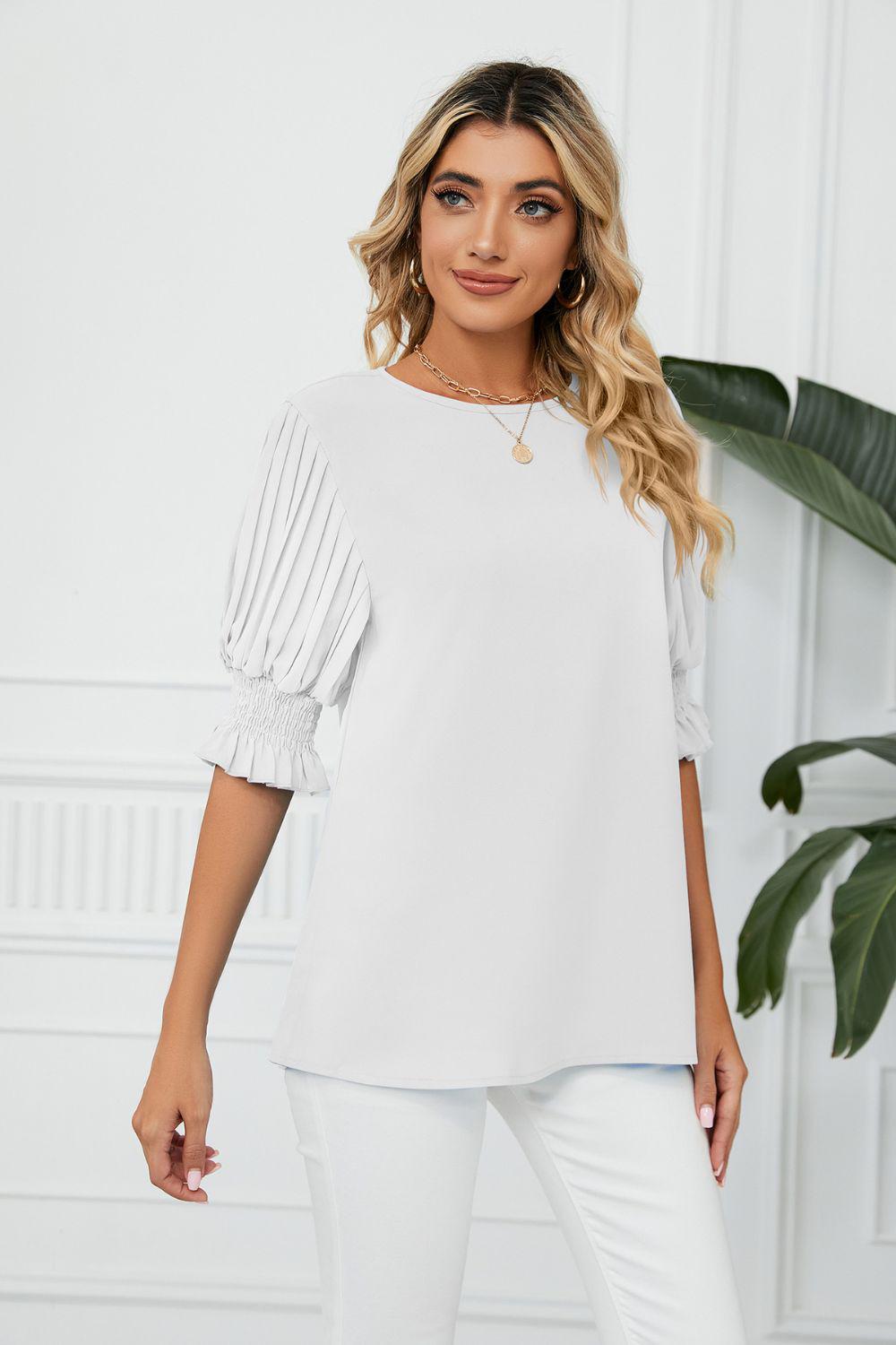 Pleated Flounce Sleeve Keyhole Blouse-TOPS / DRESSES-[Adult]-[Female]-White-S-2022 Online Blue Zone Planet