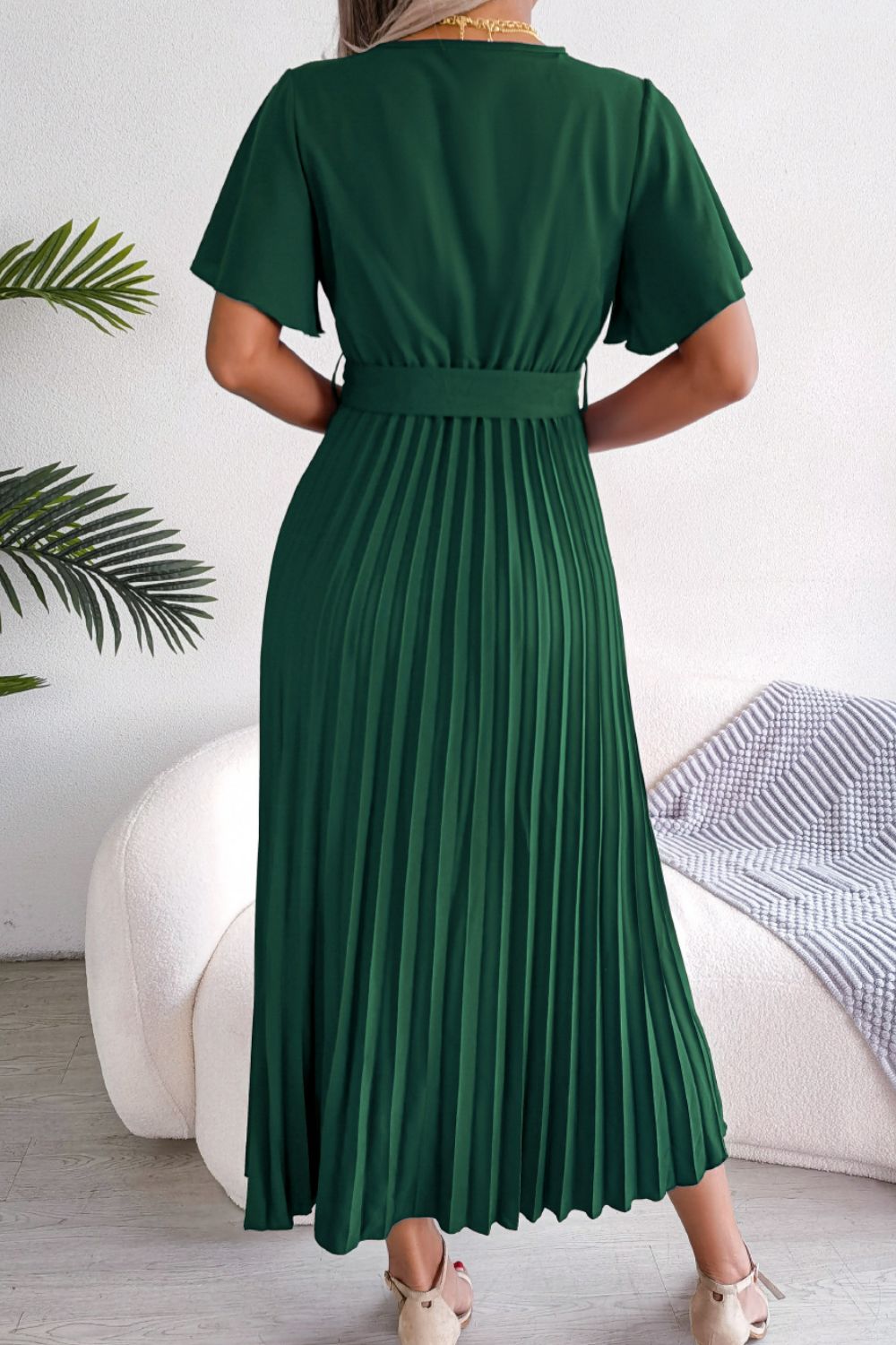 Pleated Flutter Sleeve Belted Midi Dress BLUE ZONE PLANET