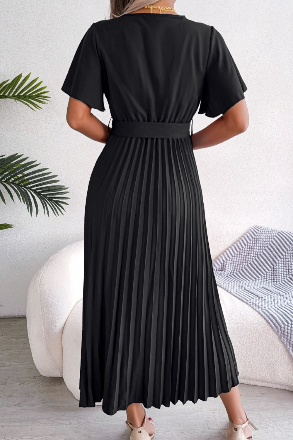 Pleated Flutter Sleeve Belted Midi Dress BLUE ZONE PLANET