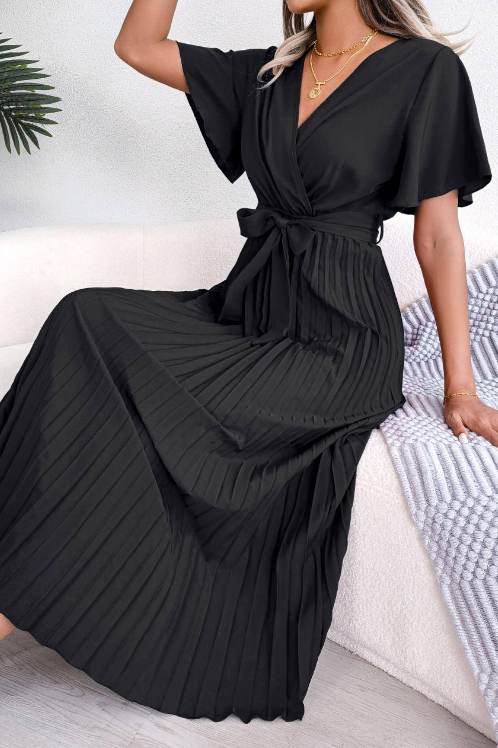 Pleated Flutter Sleeve Belted Midi Dress BLUE ZONE PLANET