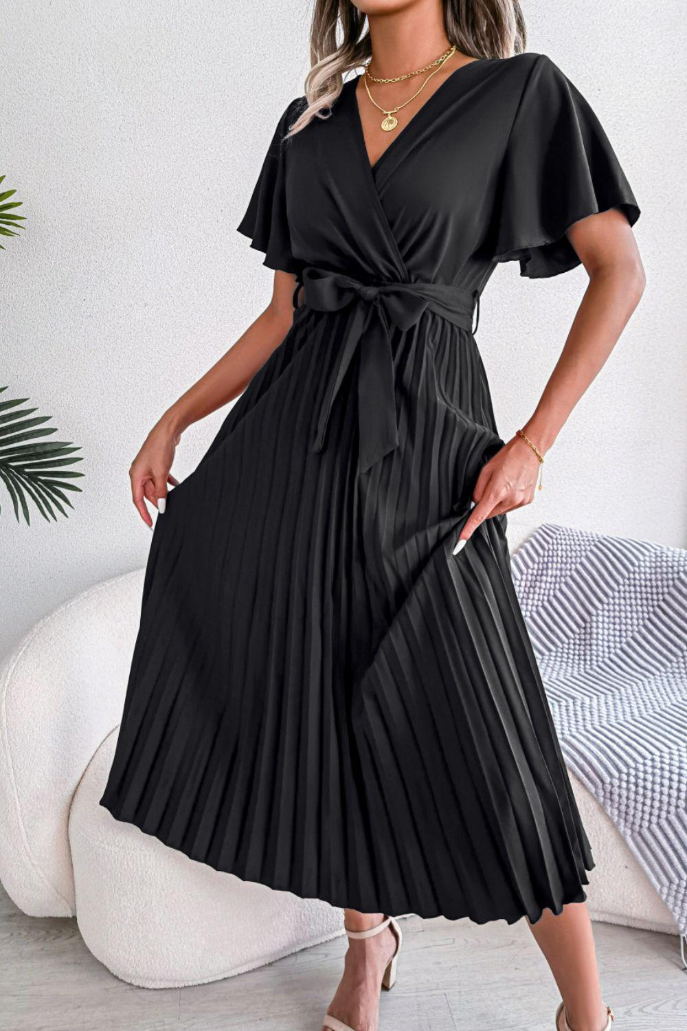 Pleated Flutter Sleeve Belted Midi Dress BLUE ZONE PLANET