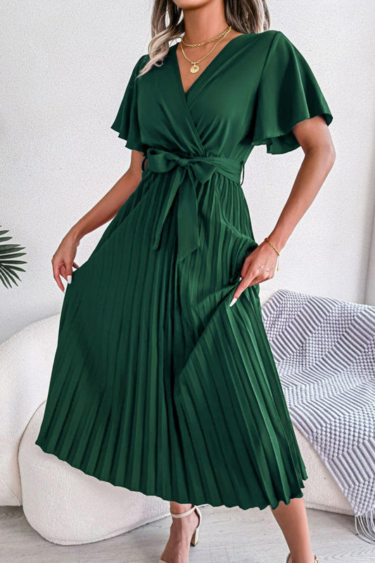 Pleated Flutter Sleeve Belted Midi Dress BLUE ZONE PLANET