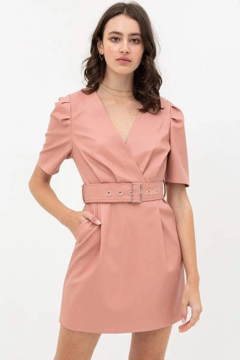 Pleather Dress With Belt Buckle Across Waist. Short Sleeve With V Neckline Blue Zone Planet