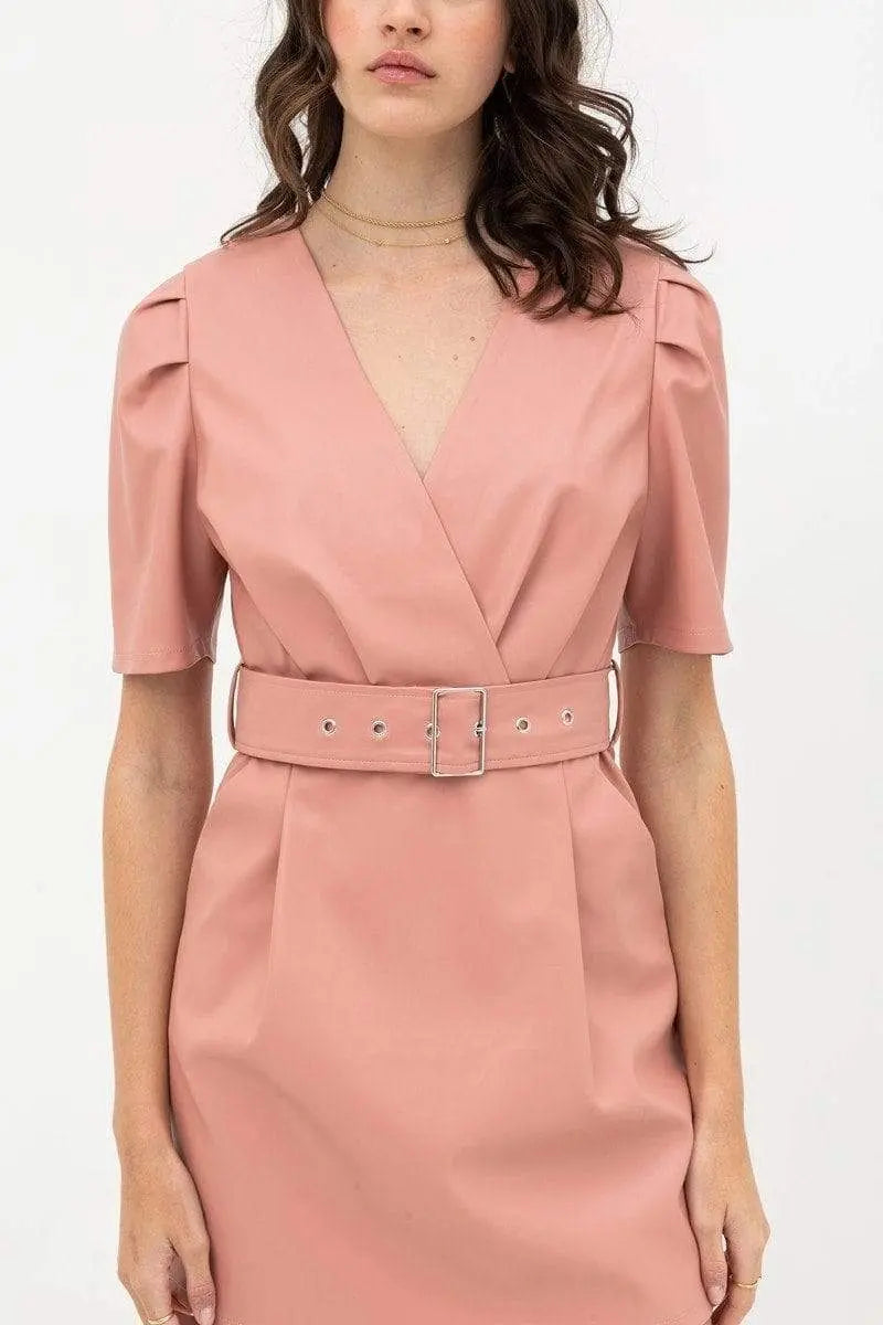 Pleather Dress With Belt Buckle Across Waist. Short Sleeve With V Neckline Blue Zone Planet