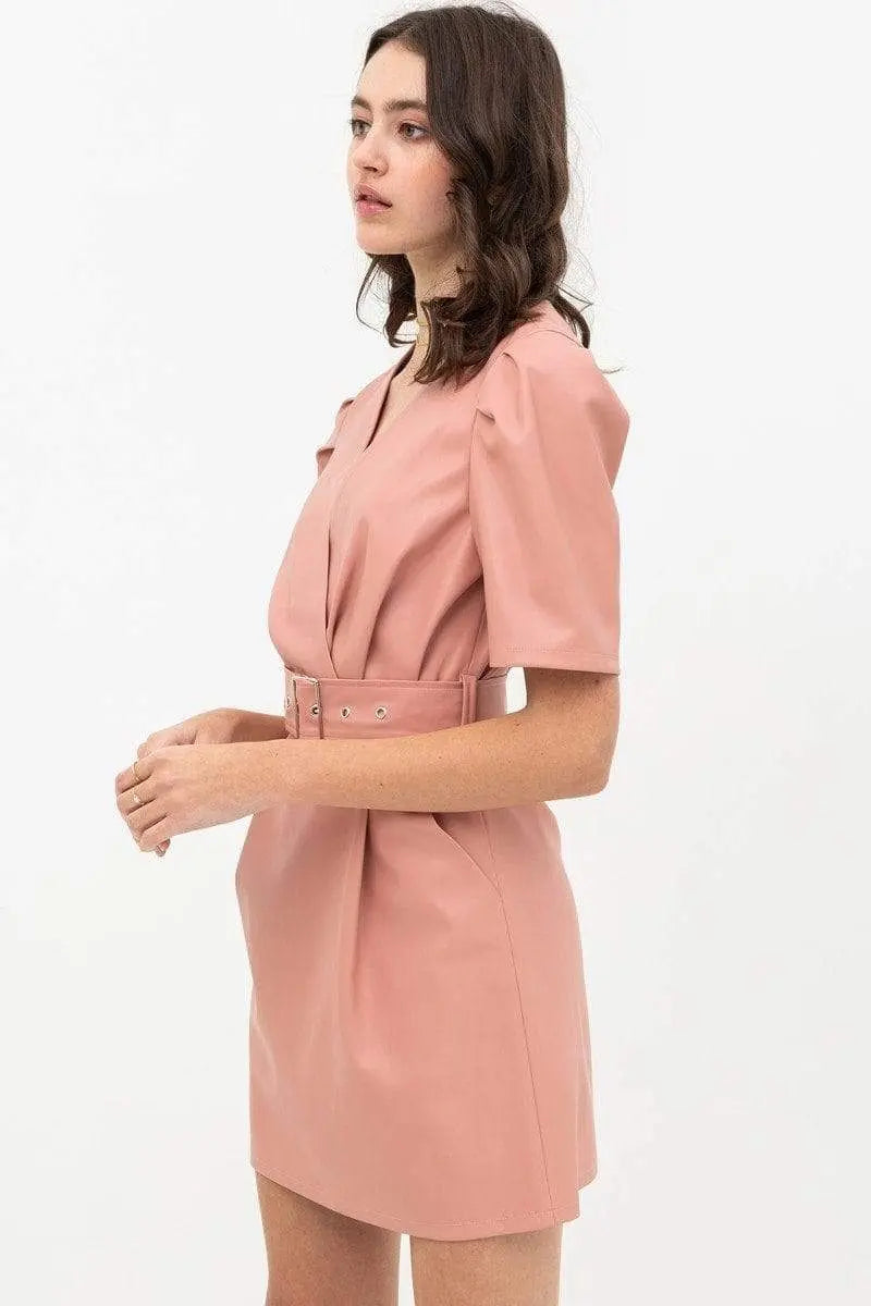 Pleather Dress With Belt Buckle Across Waist. Short Sleeve With V Neckline Blue Zone Planet