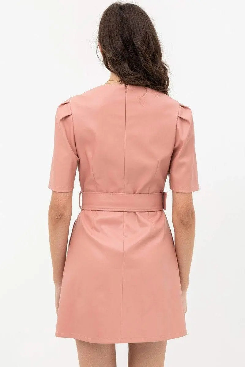 Pleather Dress With Belt Buckle Across Waist. Short Sleeve With V Neckline Blue Zone Planet