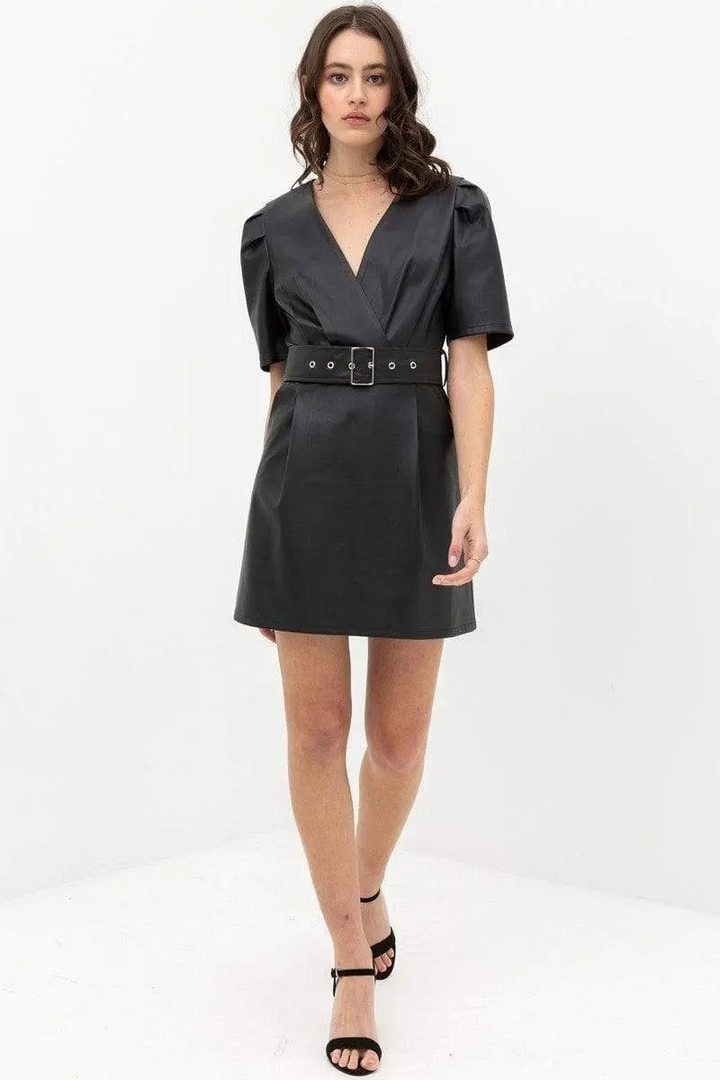 Pleather Dress With Belt Buckle Across Waist. Short Sleeve With V Neckline Blue Zone Planet