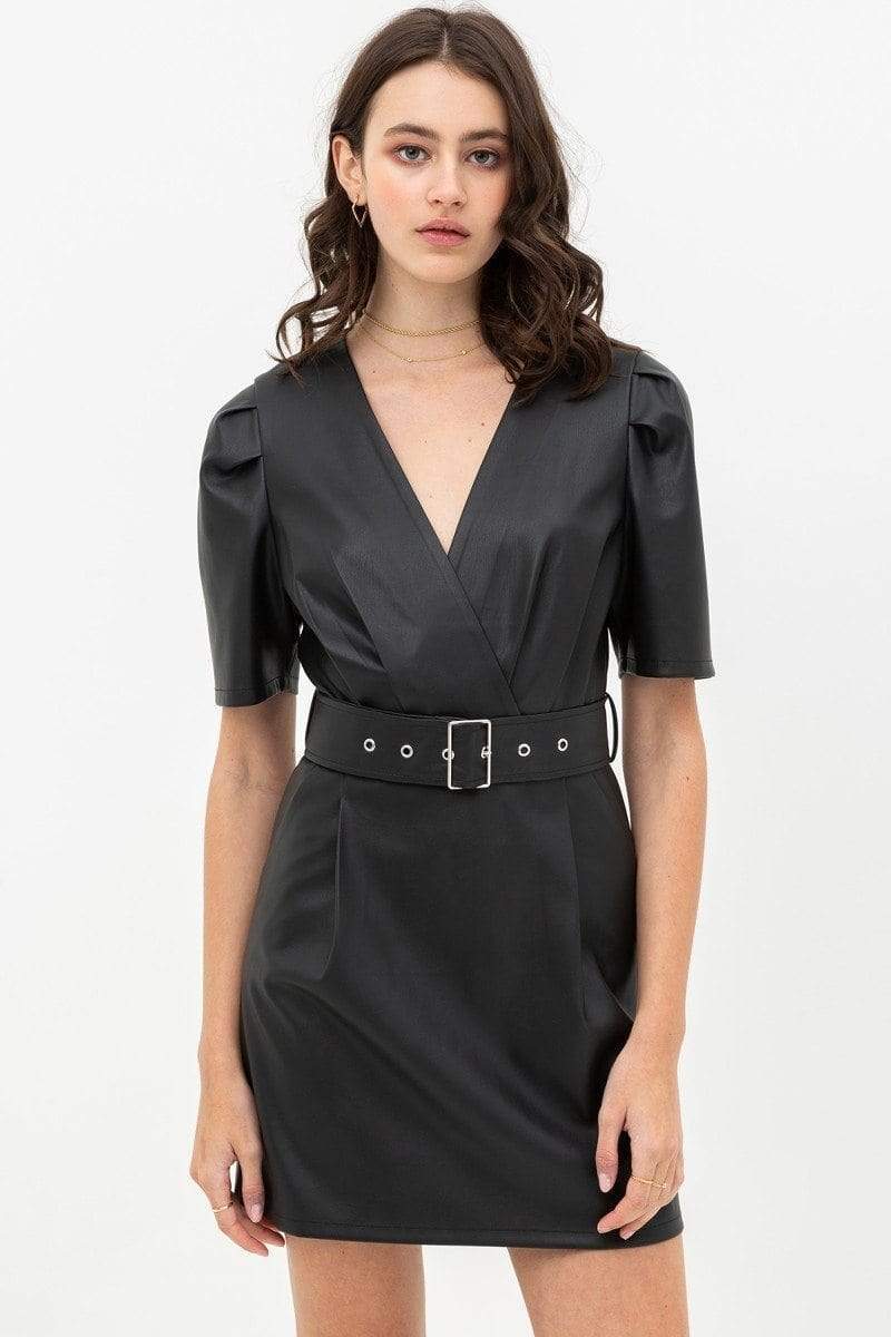 Pleather Dress With Belt Buckle Across Waist. Short Sleeve With V Neckline-TOPS / DRESSES-[Adult]-[Female]-Blue Zone Planet