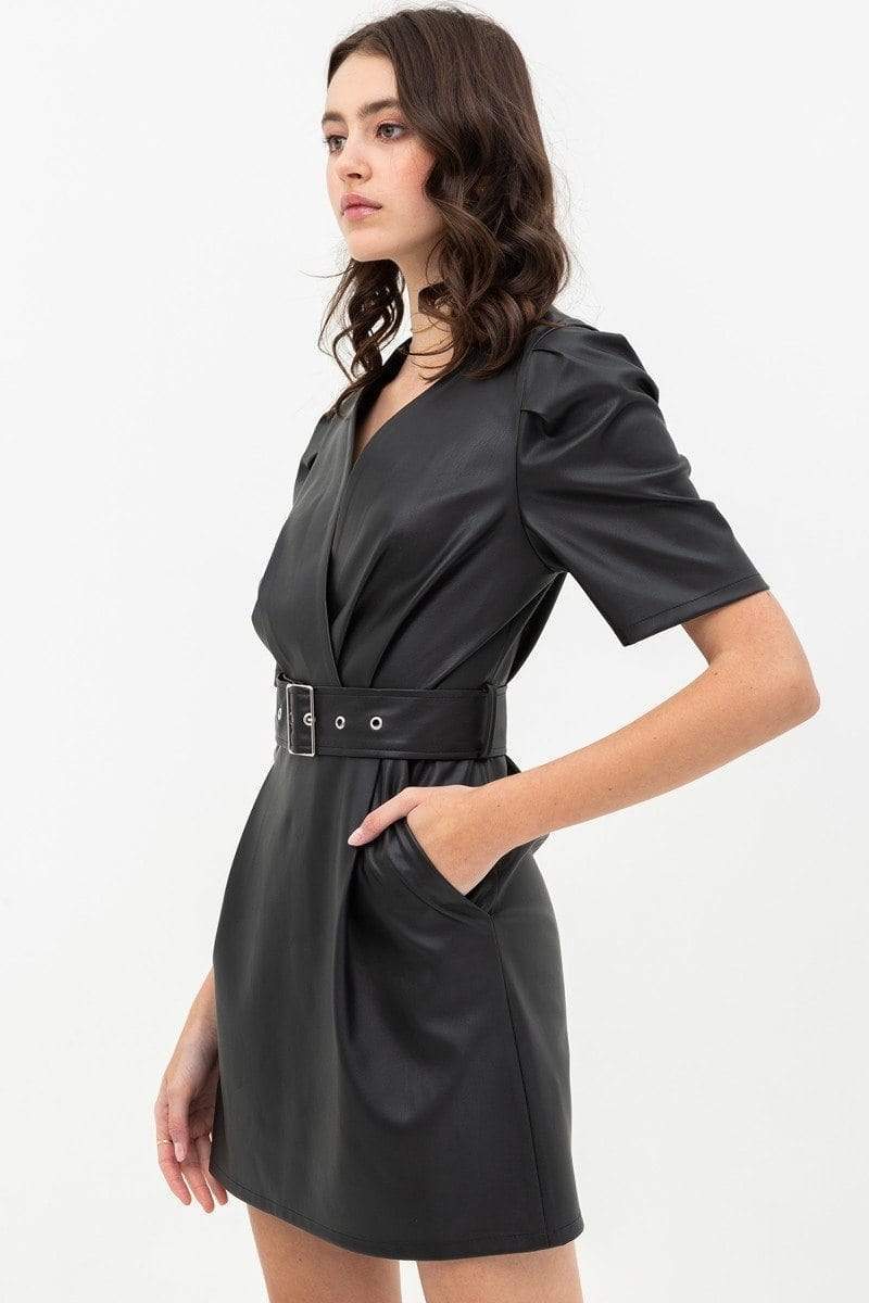 Pleather Dress With Belt Buckle Across Waist. Short Sleeve With V Neckline-TOPS / DRESSES-[Adult]-[Female]-Blue Zone Planet