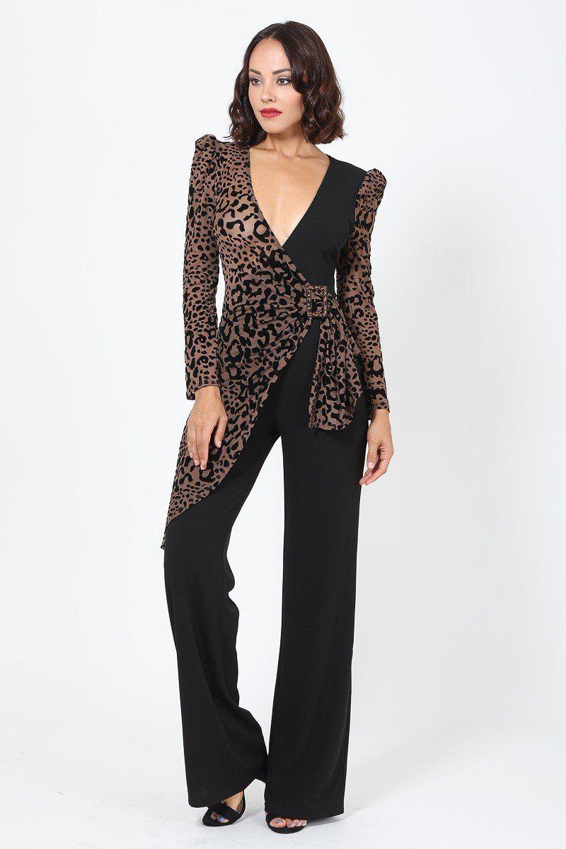 Plunging V Buckle Detail Leopard Jumpsuit Blue Zone Planet