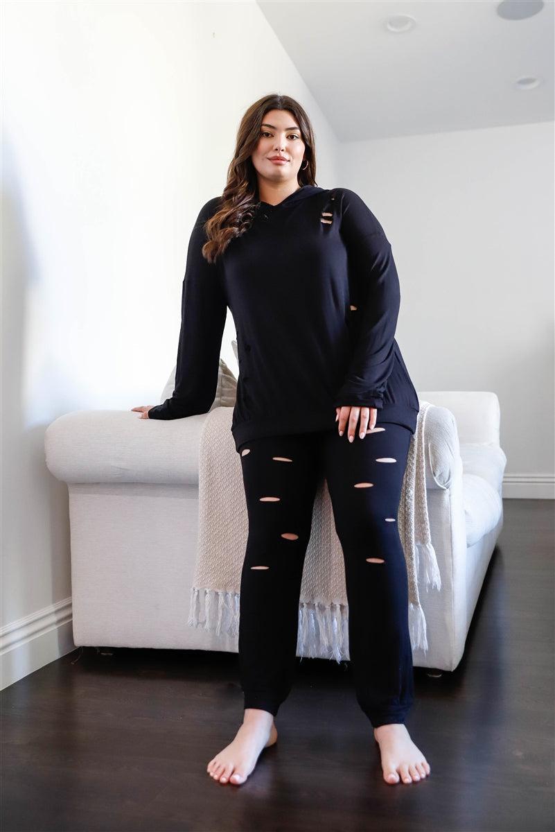 Plus Black Distressed Hooded Long Sleeve Top & Pants Set-[Adult]-[Female]-Blue Zone Planet