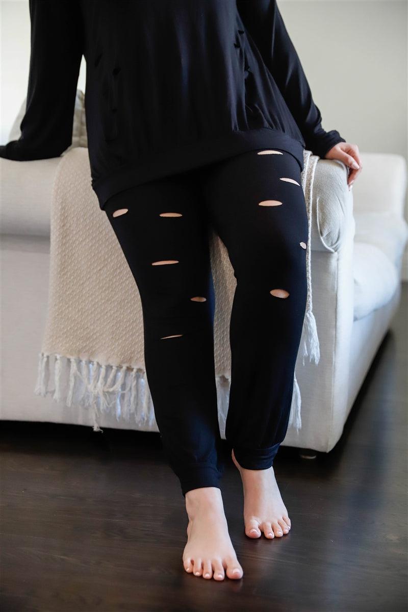 Plus Black Distressed Hooded Long Sleeve Top & Pants Set-[Adult]-[Female]-Blue Zone Planet