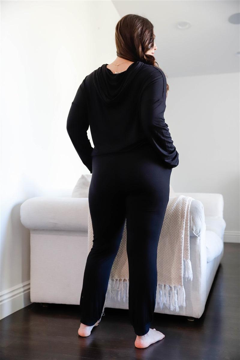 Plus Black Distressed Hooded Long Sleeve Top & Pants Set-[Adult]-[Female]-Blue Zone Planet