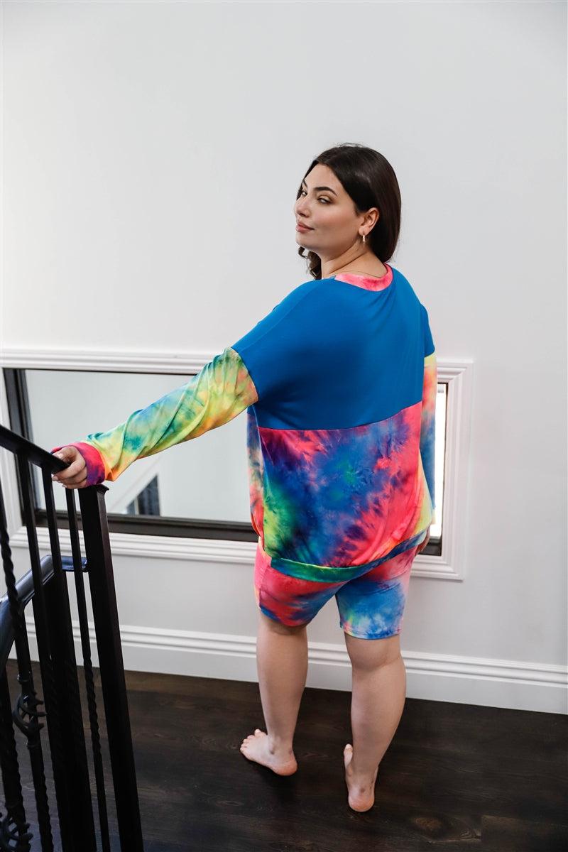 Plus Blue Neon Rainbow Tie-dye Colorblock Long Sleeve Top & Biker Shorts Set-[Adult]-[Female]-Blue Zone Planet