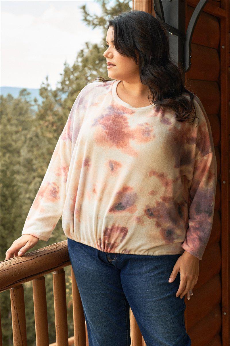 Plus Cream Rust Bleached Tie-dye Long Sleeve Drawstring Detail Relaxed Sweatshirt Blue Zone Planet